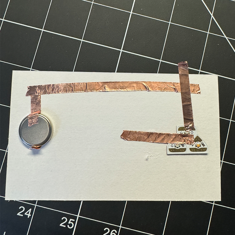 This is my second copper tape circuit attempt. The battery was connected but not in an effective way and the lights were still not connected properly. It was not a very neat attempt.