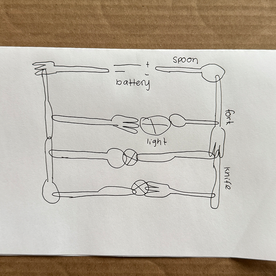 I wanted to see if my cutlery was conductive. This was the circuit diagram I created for it. 