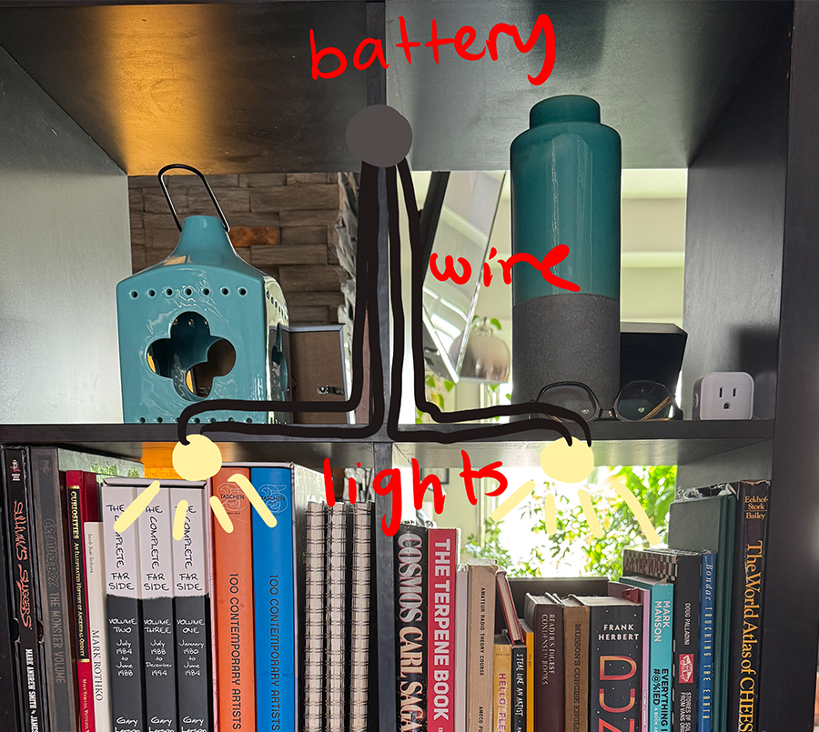 These are lights added to a bookshelf so that you can see things better at night.