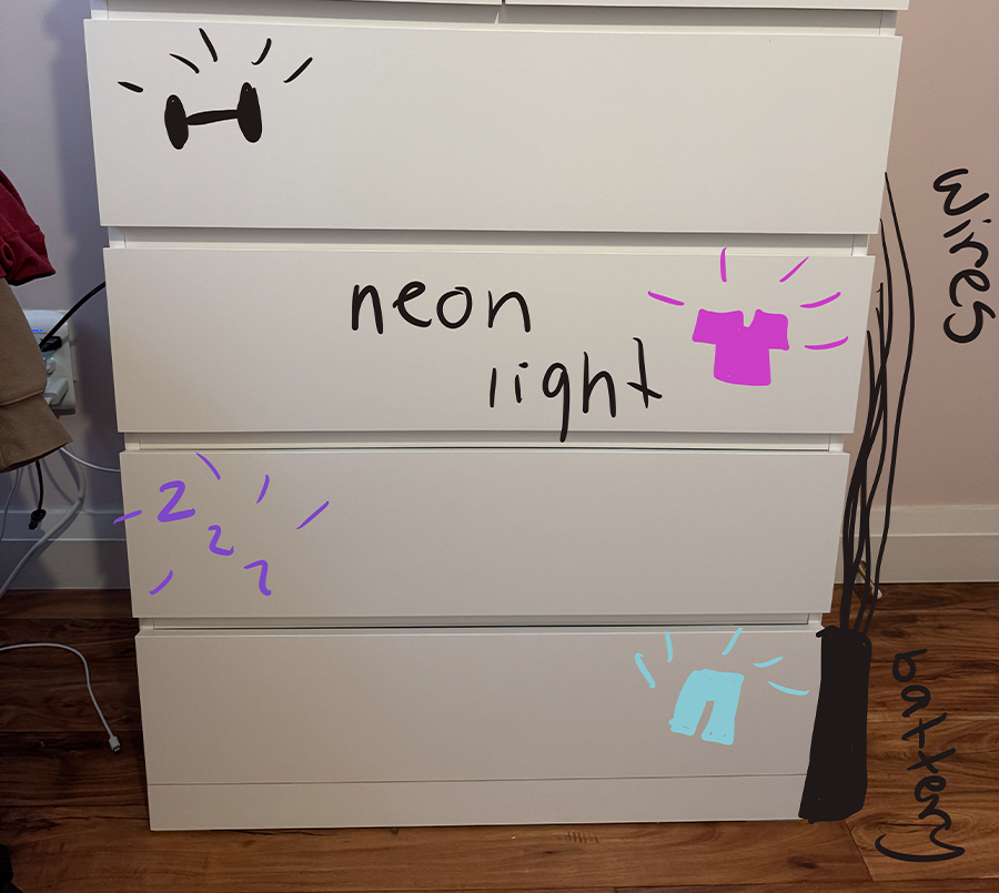 These lights add fun visual cues for which drawers do what using neon lights.
