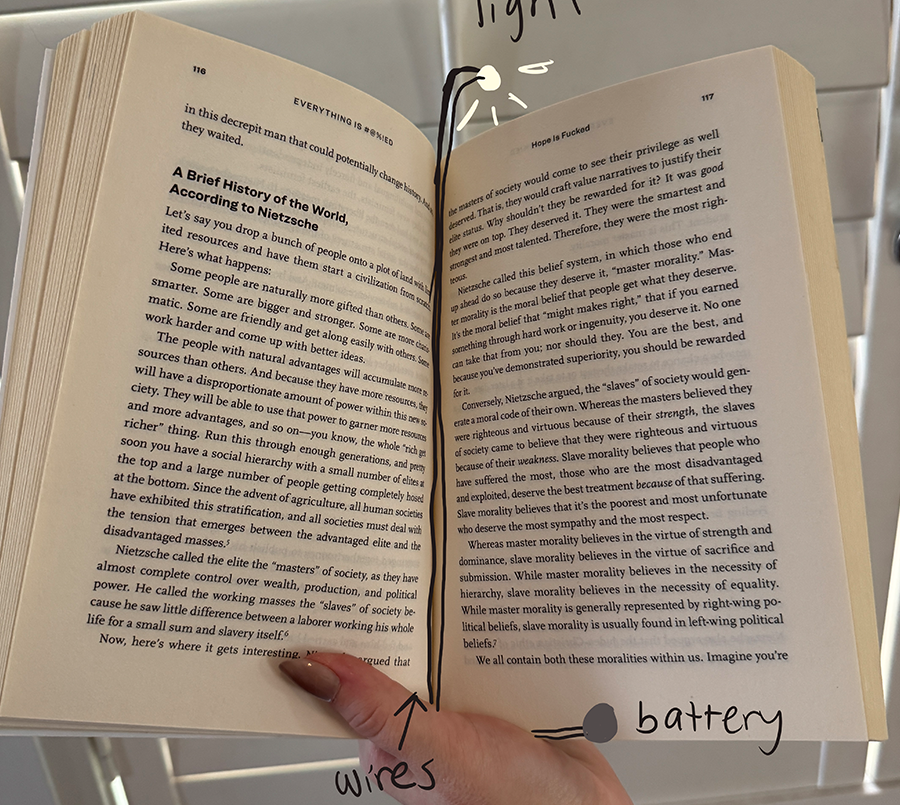 This attachable light helps you read books at night.