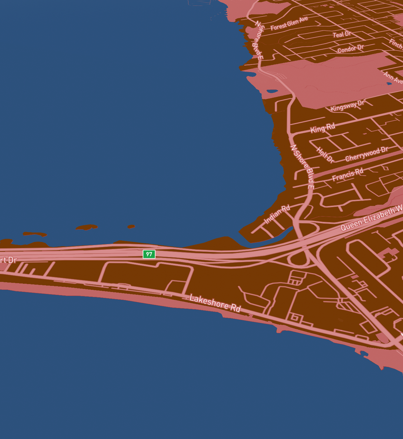 pink and blue toned map of skyway bridge