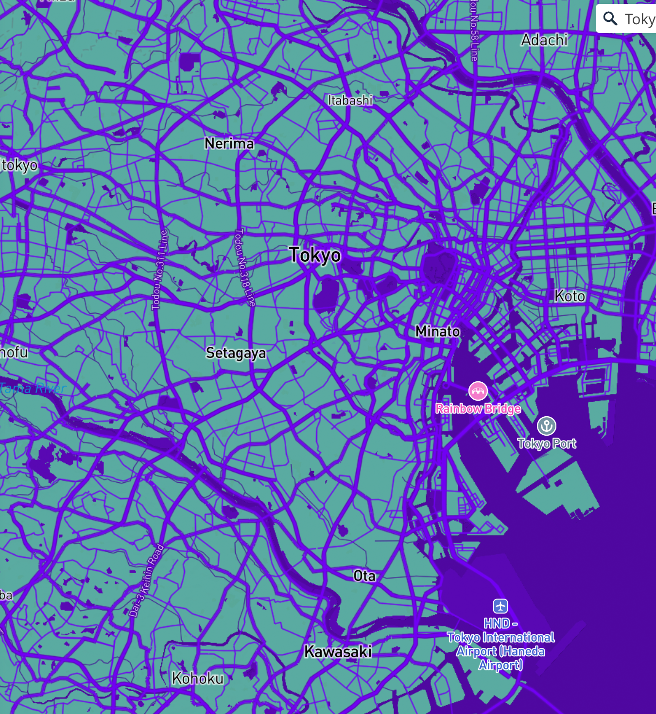 purple and blue map of Tokyo