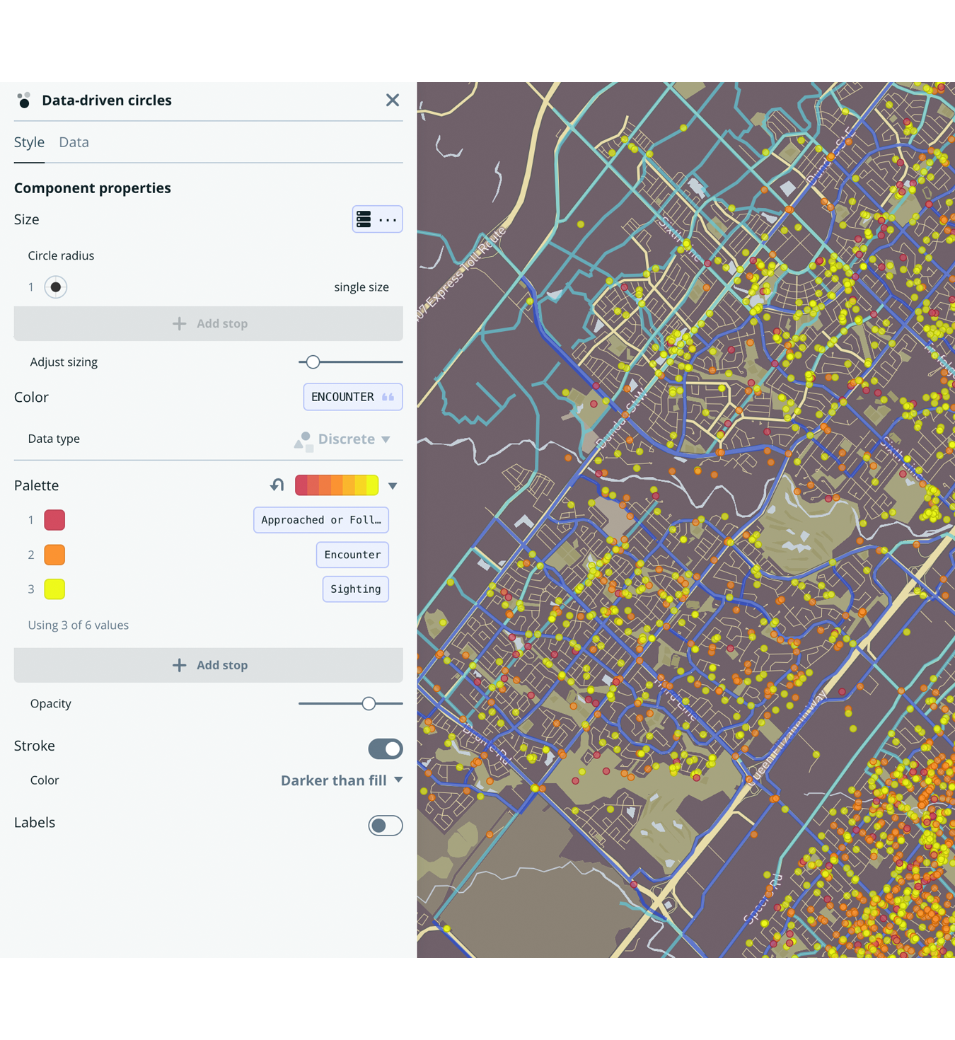 screenshot of coyote encounters in oakville paired with bike map in background
