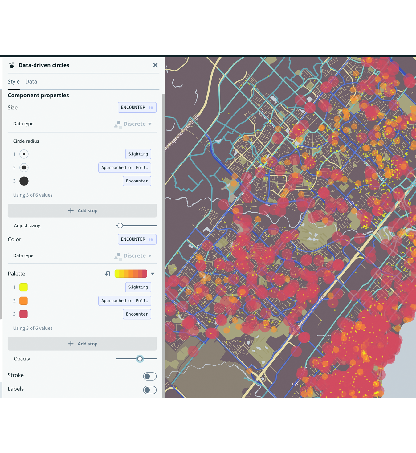 screenshot of coyote encounters data but more refined and with colour changes