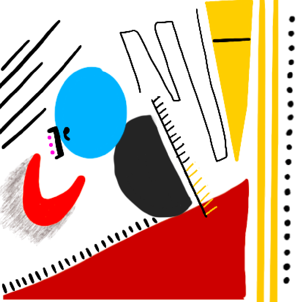 I made a zigzag pattern with pen to show that I have a preference towards pens and the red moon indicates that I am more of an extrovert. The gray scribble behind the red moon shows that I usually like to spend my weekends relaxing and the vertical lines on the left of the page is how many friends I would want to take on vacation with me. The black lines along the red triange show that if I found $100 on the ground I would probably save it.